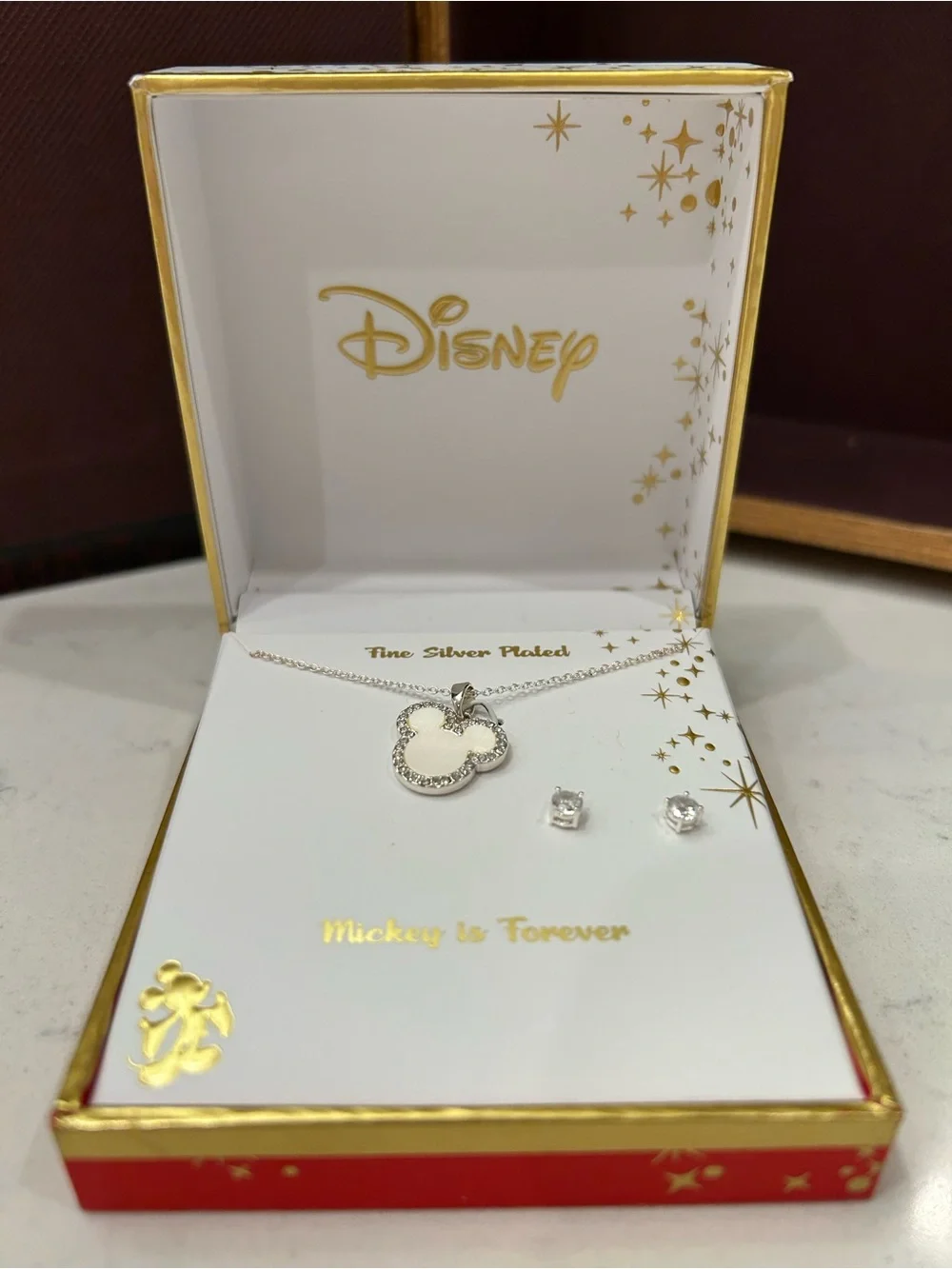 Disney Silver White Mickey Silhouette Pendant Necklace with Clear Stud Earrings